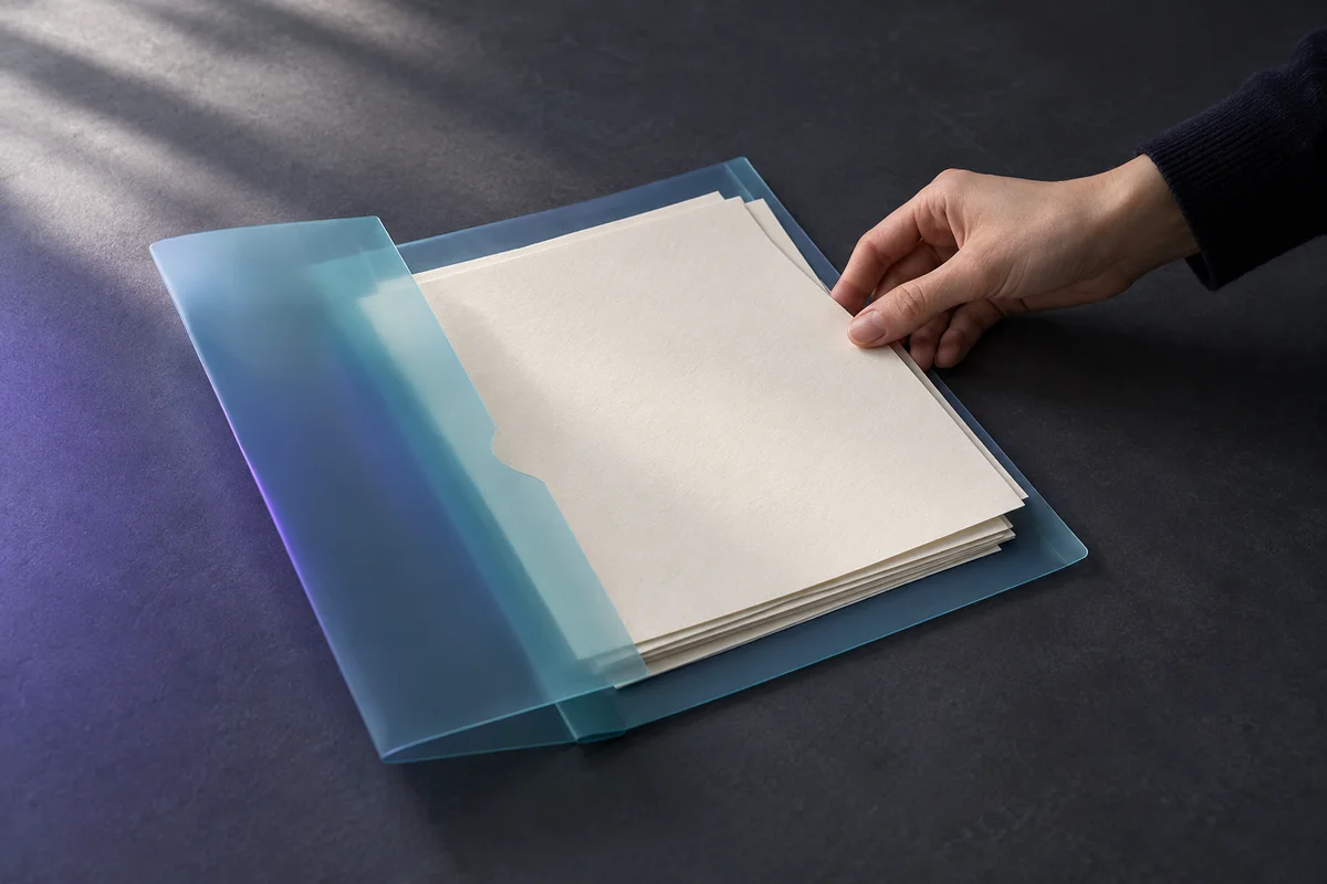 A hand aligns ivory papers in a translucent cyan folder on a charcoal desk